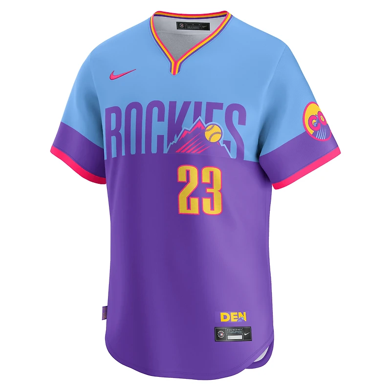 Maillot Nike Kris Bryant violet/bleu clair pour homme des Colorado Rockies 2025 City Connect Limited Player