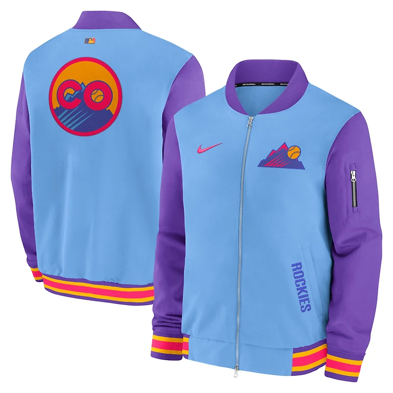 Men's Nike  Light Blue/Purple Colorado Rockies 2025 City Connect Authentic Collection Full-Zip Bomber Jacket