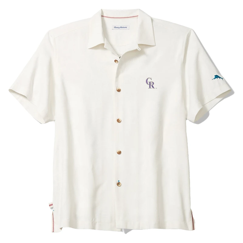 Chemise boutonnée Tommy Bahama blanche Colorado Rockies Island Fly Ball Camp COOLMAX Tri-Blend pour homme