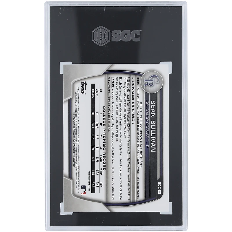 Sean Sullivan Colorado Rockies 2023 Bowman Chrome Draft 1st Bowman Fuchsia Lunar #BDC-88 #79/199 SGC Authenticated 9.5 Card