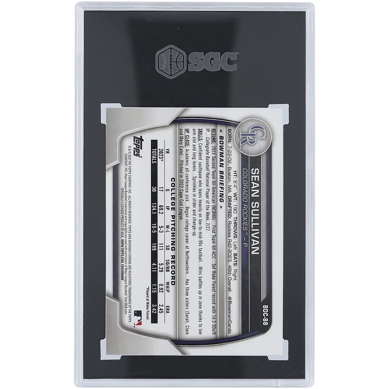 Sean Sullivan Colorado Rockies 2023 Bowman Chrome Draft 1er Bowman Rose Gold #BDC-88 #10/10 SGC Carte authentifiée 10