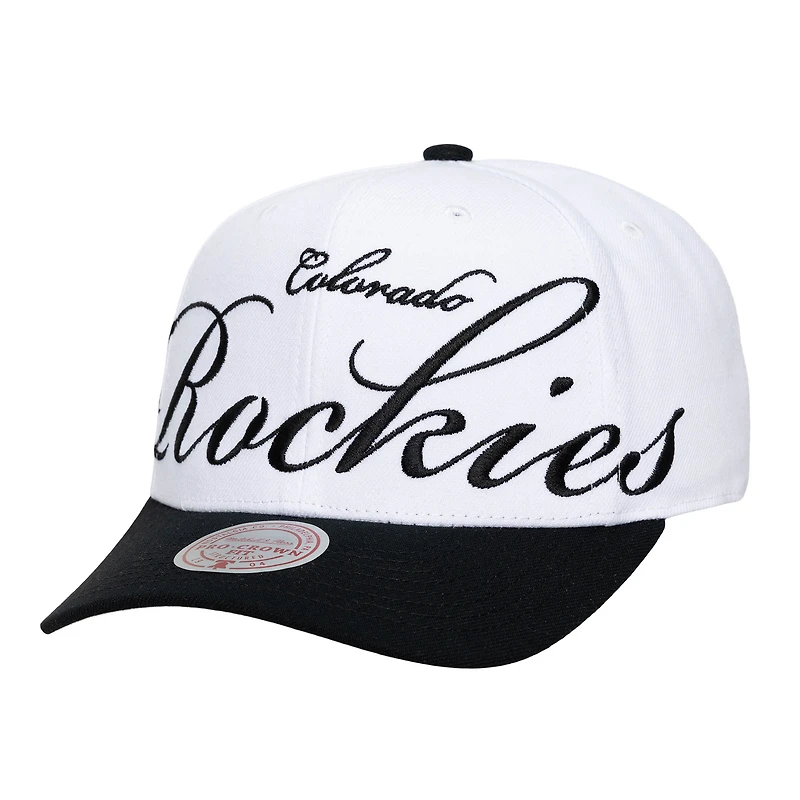 Casquette unisexe Mitchell & Ness blanche et noire Colorado Rockies XL Script Pro Crown ajustable