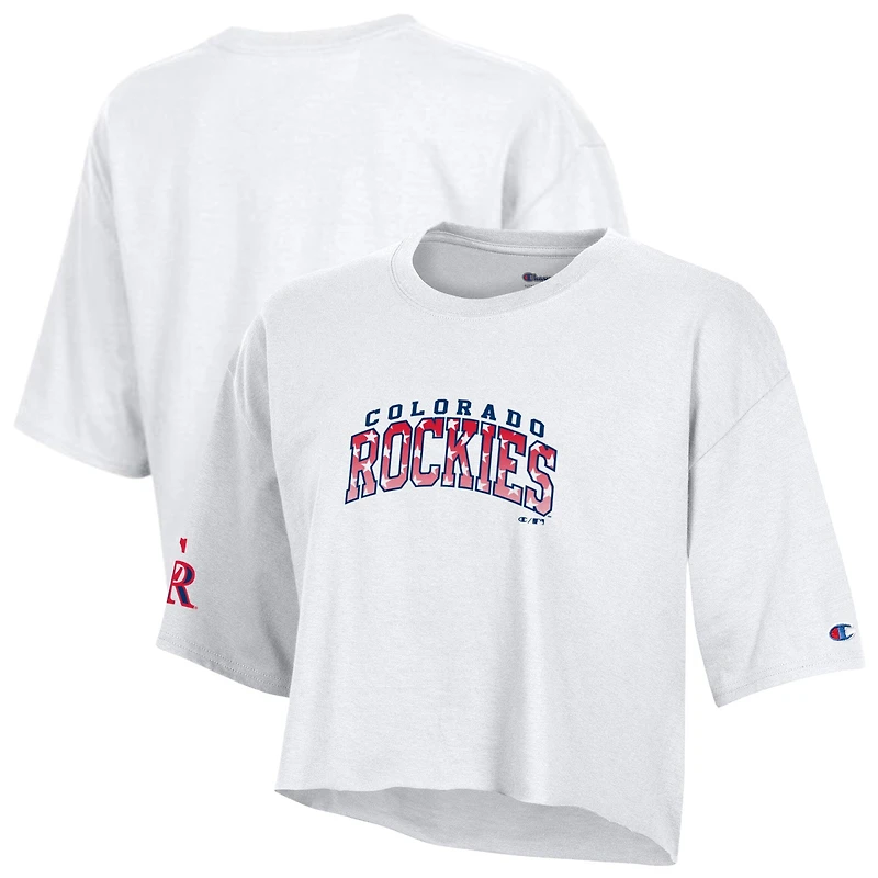 Women's Champion White Colorado Rockies Boyfriend Cropped Americana T-Shirt