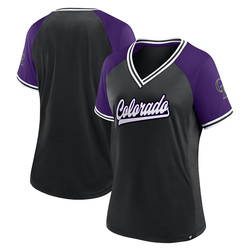 T-shirt noir à col en V Fanatics pour femmes des Rockies du Colorado Glitz & Glam League Diva Raglan