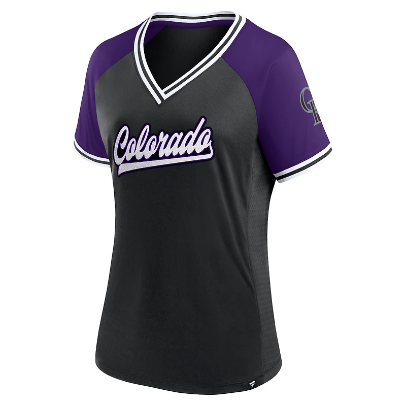 T-shirt noir à col en V Fanatics pour femmes des Rockies du Colorado Glitz & Glam League Diva Raglan