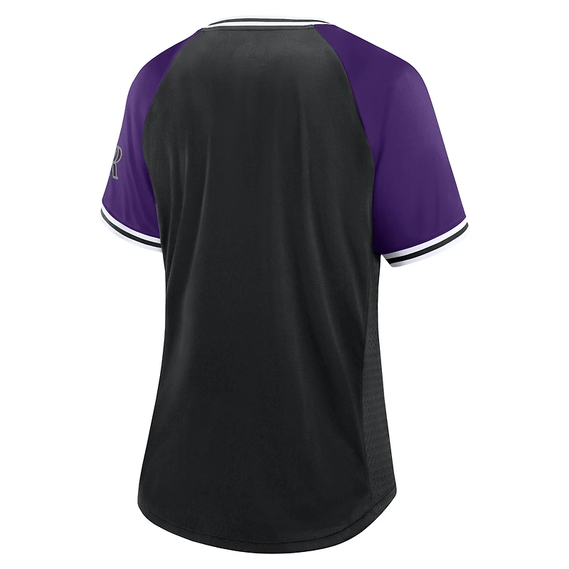 T-shirt noir à col en V Fanatics pour femmes des Rockies du Colorado Glitz & Glam League Diva Raglan