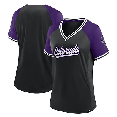 T-shirt noir à col en V Fanatics pour femmes des Rockies du Colorado Glitz & Glam League Diva Raglan