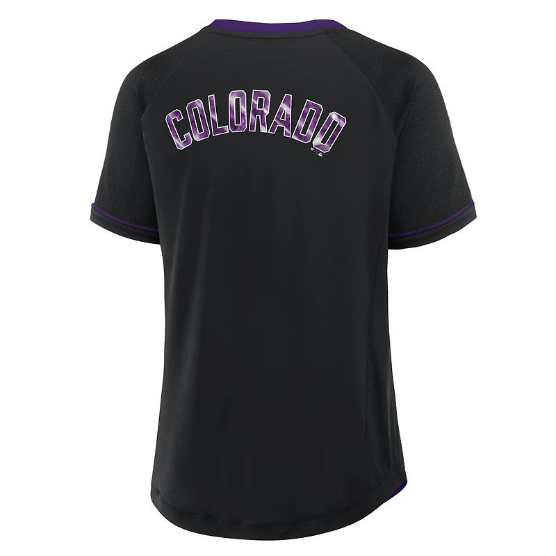 T-shirt à col en V noir pour femme Fanatics Colorado Rockies League Diva Star