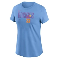T-shirt Nike Kris Bryant bleu clair pour femme, Colorado Rockies 2025 City Connect Fuse, nom et numéro