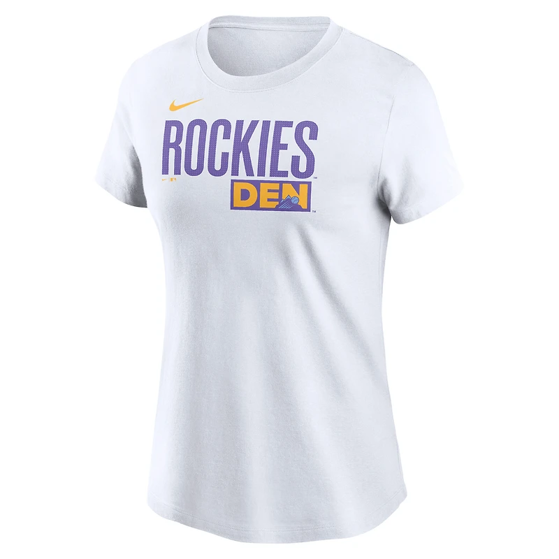 T-shirt Nike blanc pour femme Colorado Rockies 2025 City Connect avec logo