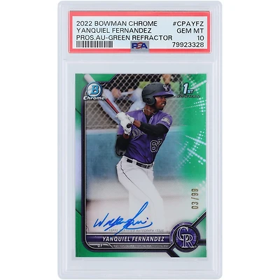 Yanquiel Fernandez Colorado Rockies Autographed 2022 Bowman Chrome Green Refractor #CPA-YFZ #3/99 PSA Authenticated 10 Rookie Card 