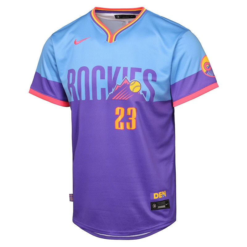 Maillot Nike Kris Bryant violet/bleu clair pour jeune joueur des Colorado Rockies 2025 City Connect Limited