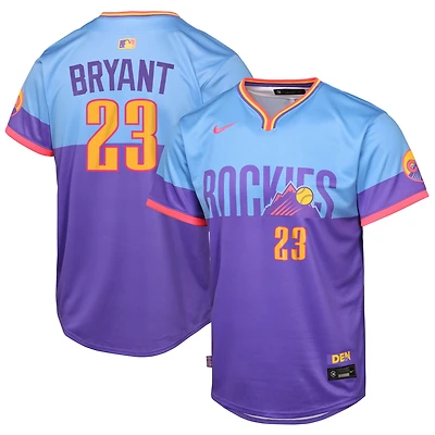 Maillot Nike Kris Bryant violet/bleu clair pour jeune joueur des Colorado Rockies 2025 City Connect Limited