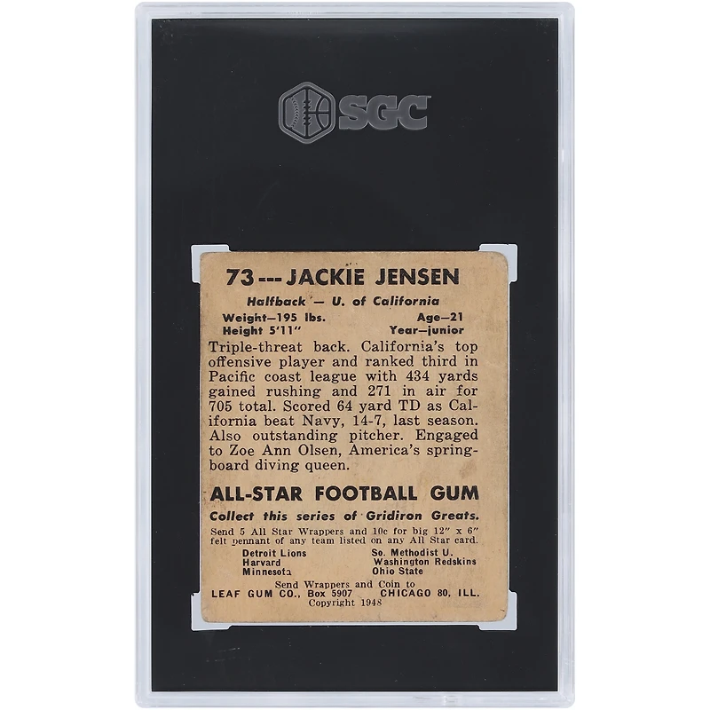 Jackie Jensen Columbia University 1948 Leaf Gum Co. #73 SGC Authenticated 1 Rookie Card