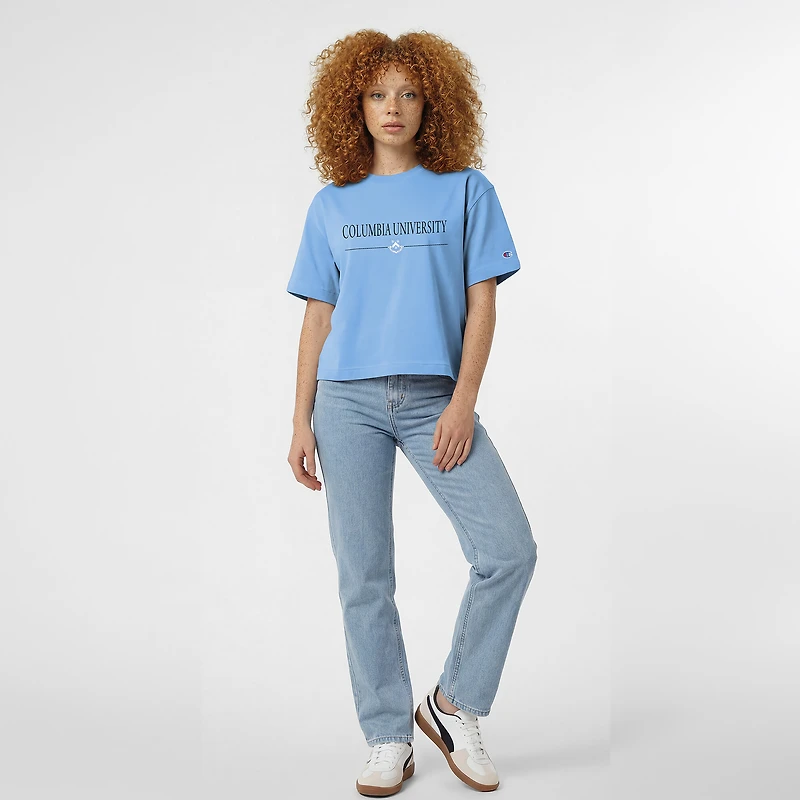 T-shirt Champion bleu clair pour femme avec logo de l'université Columbia, longueur taille