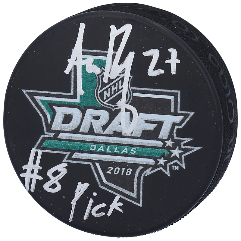 Rondelle de hockey autographiée par Adam Boqvist des Blue Jackets de Columbus avec logo du repêchage de la LNH 2018 et inscription « #8 Pick »