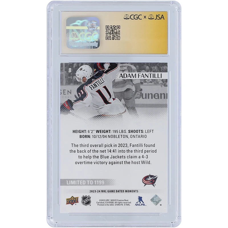 Adam Fantilli Columbus Blue Jackets Autographed 2023-24 Upper Deck Game Dated Moments Rookie Debut #8 #/1199 CGC Fanatics Witnessed Authenticated Rookie Card