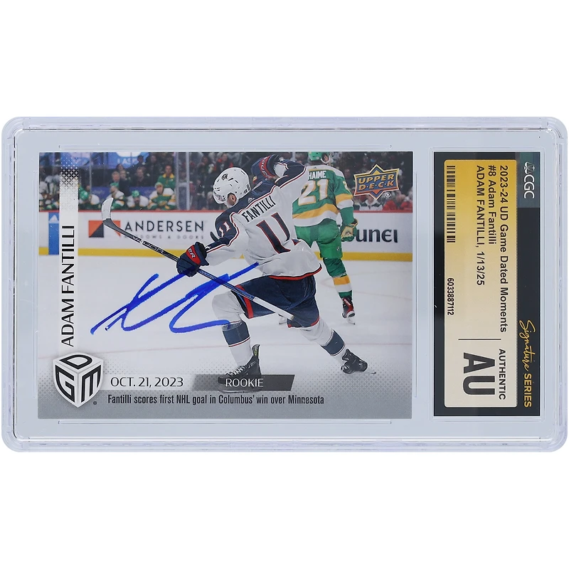 Adam Fantilli Columbus Blue Jackets Autographed 2023-24 Upper Deck Game Dated Moments Rookie Debut #8 #/1199 CGC Fanatics Witnessed Authenticated Rookie Card