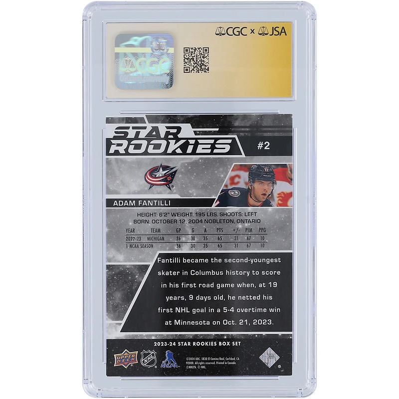 Adam Fantilli Columbus Blue Jackets autographié 2023-24 Upper Deck Star Rookies #2 CGC Fanatics a été témoin d'une carte de recrue authentifiée