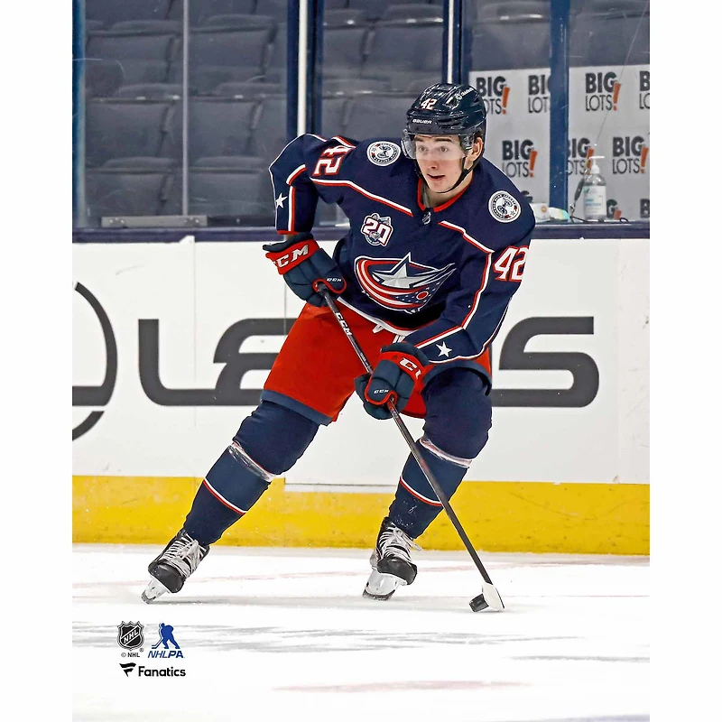 Alexandre Texier Columbus Blue Jackets Unsigned Navy Jersey Skating with Puck vs. Tampa Bay Lightning Photograph