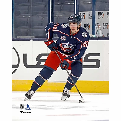 Alexandre Texier Columbus Blue Jackets Unsigned Navy Jersey Skating with Puck vs. Tampa Bay Lightning Photograph