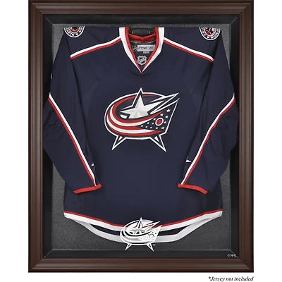 Vitrine de présentation avec logo encadré marron des Blue Jackets de Columbus