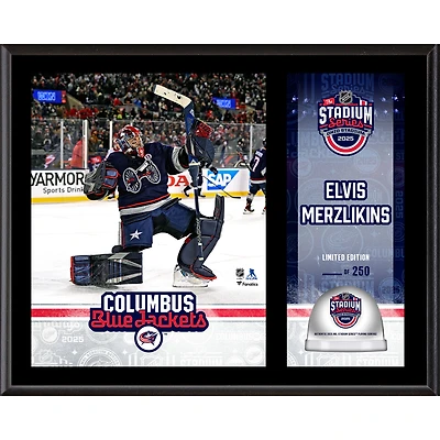 Plaque sublimée de la série Stadium Series 2025 de la LNH avec glace utilisée lors du match, 12" x 15" d'Elvis Merzlikins des Blue Jackets de Columbus - Édition limitée à 250 exemplaires