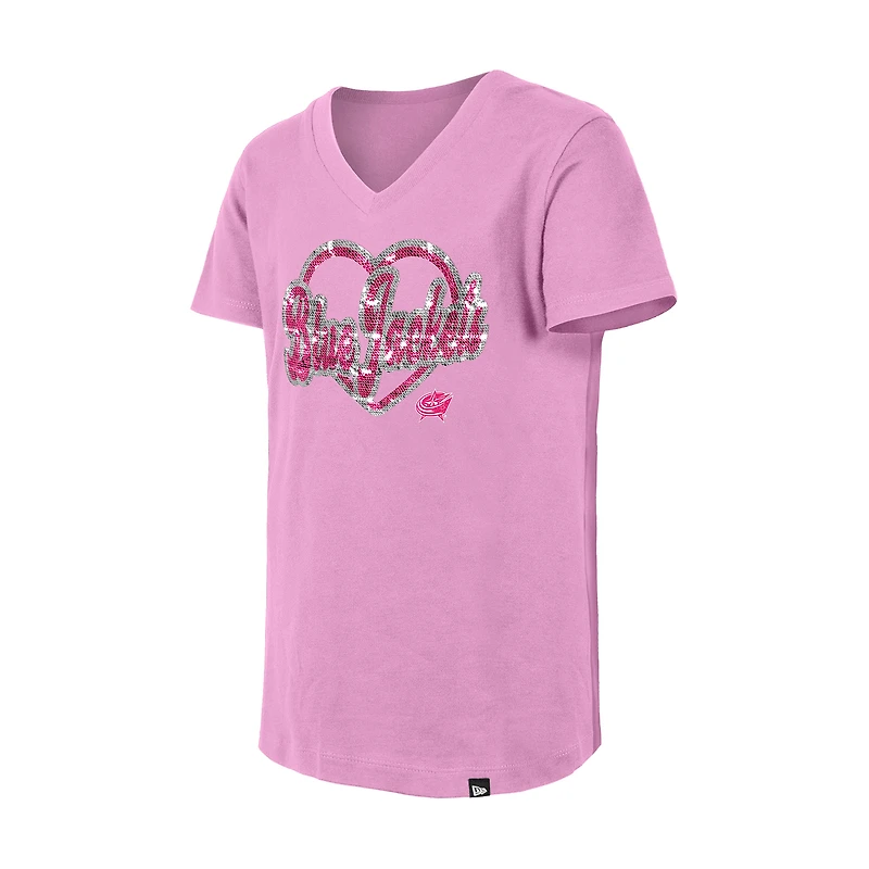 T-shirt à col en V paillettes inversées pour fille New Era Columbus Blue Jackets rose