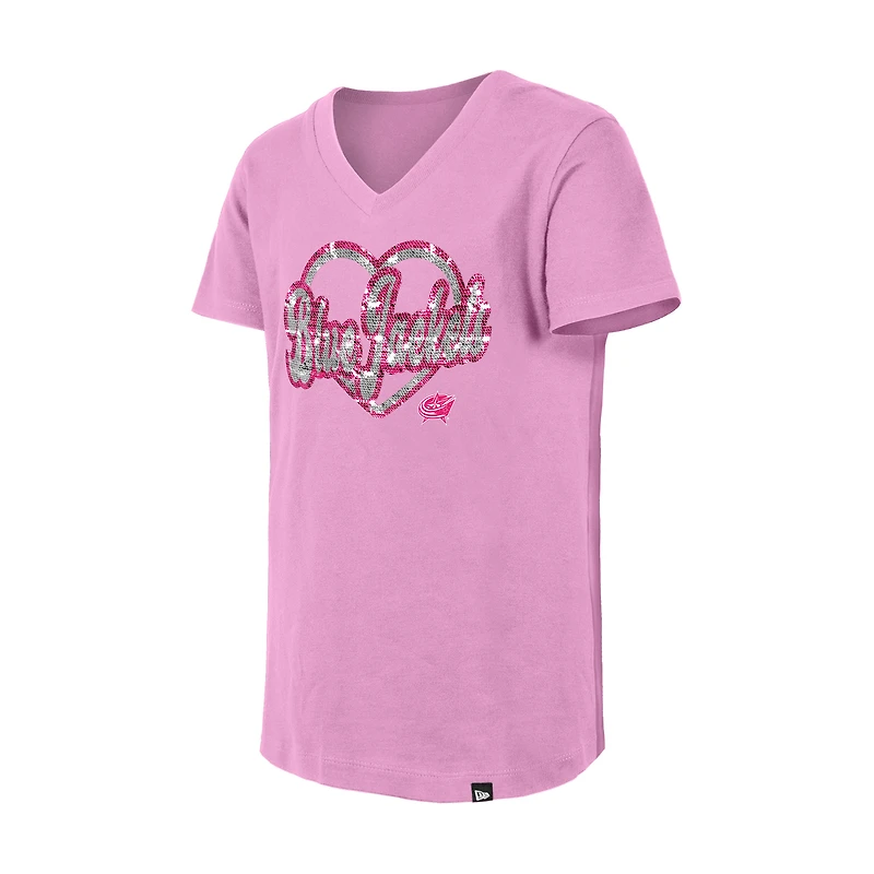T-shirt à col en V paillettes inversées pour fille New Era Columbus Blue Jackets rose