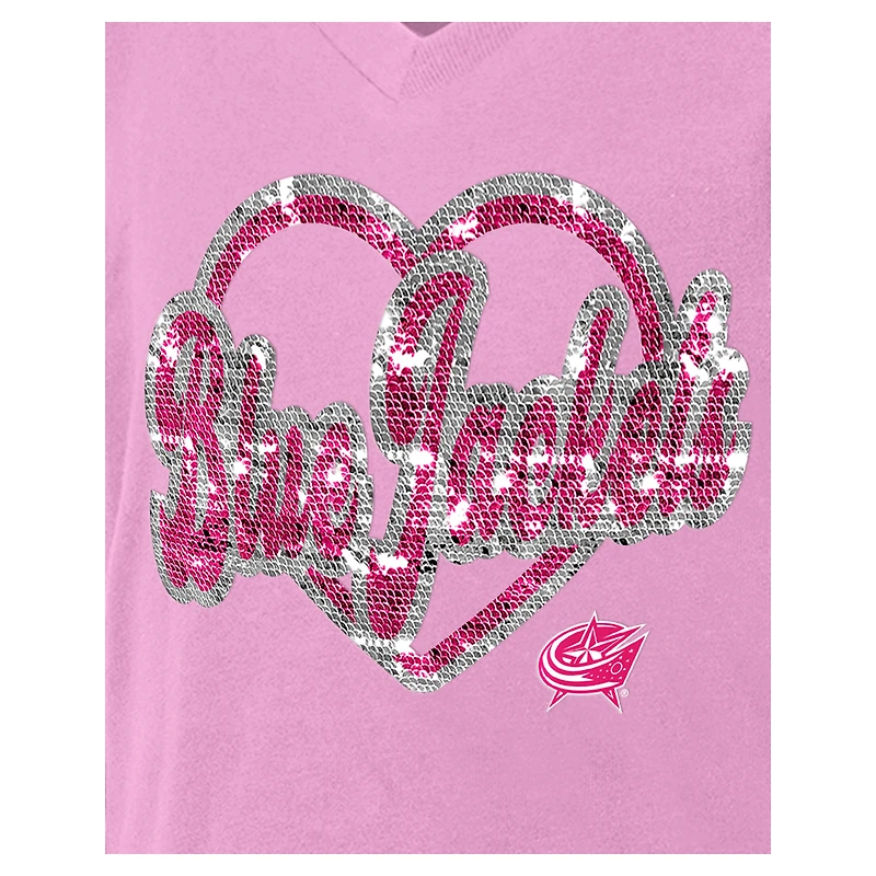 Girl's Youth New Era  Pink Columbus Blue Jackets Flip Sequin V-Neck T-Shirt