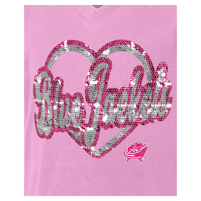 T-shirt à col en V paillettes inversées pour fille New Era Columbus Blue Jackets rose