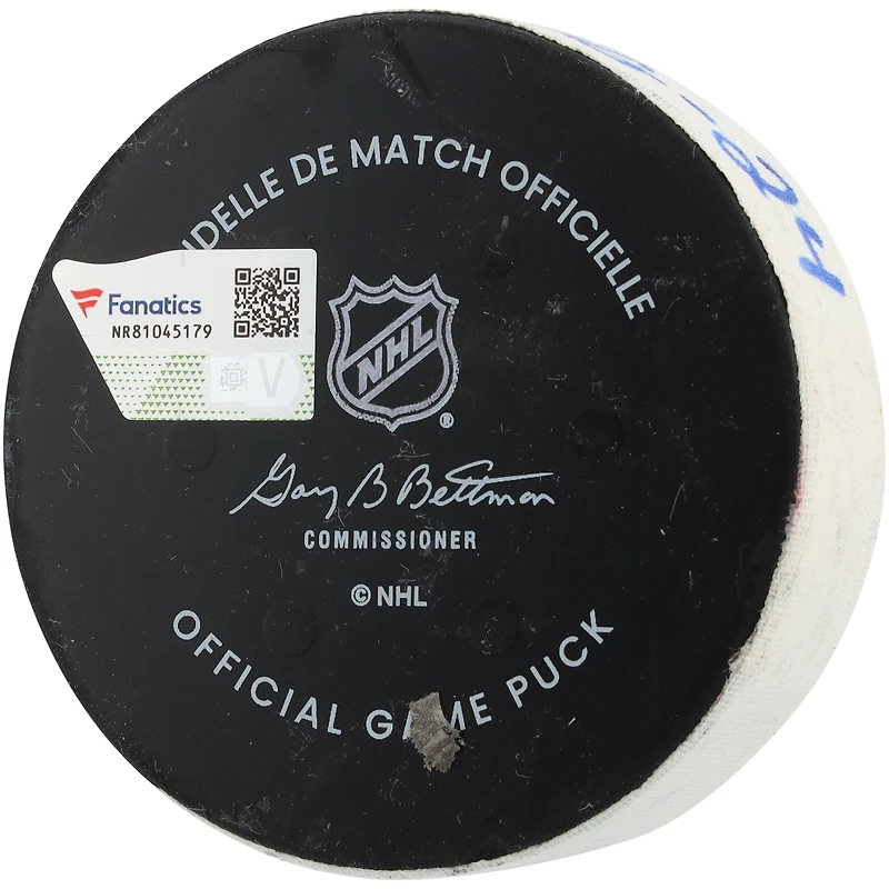 Kent Johnson Columbus Blue Jackets Game-Used Goal Puck vs. New York Rangers on March 9, 2025