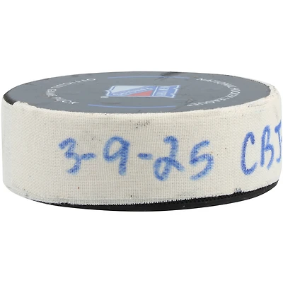 Kent Johnson Columbus Blue Jackets Game-Used Goal Puck vs. New York Rangers on March 9, 2025