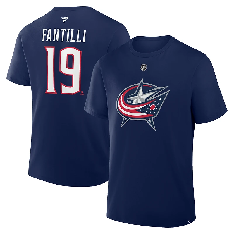 T-shirt fanatique Adam Fantilli bleu marine des Blue Jackets de Columbus pour homme, authentique, avec nom et numéro Stack