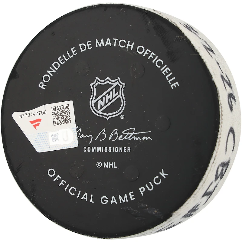 Rondelle de but utilisée par Sean Monahan (Blue Jackets de Columbus) lors du match du 2 mars 2026 contre les Rangers de New York.