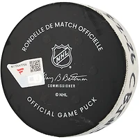 Rondelle de but utilisée par Sean Monahan (Blue Jackets de Columbus) lors du match du 2 mars 2026 contre les Rangers de New York.