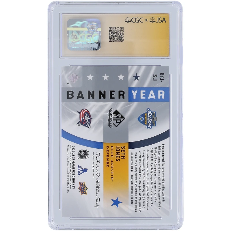 Seth Jones Columbus Blue Jackets Autographed 2020-21 Upper Deck SP Game Used 20 All-Star Game Banner Year Dual Color Relics Navy #BYJ-SJ CGC Fanatics Witnessed Authenticated Auto 10 Card
