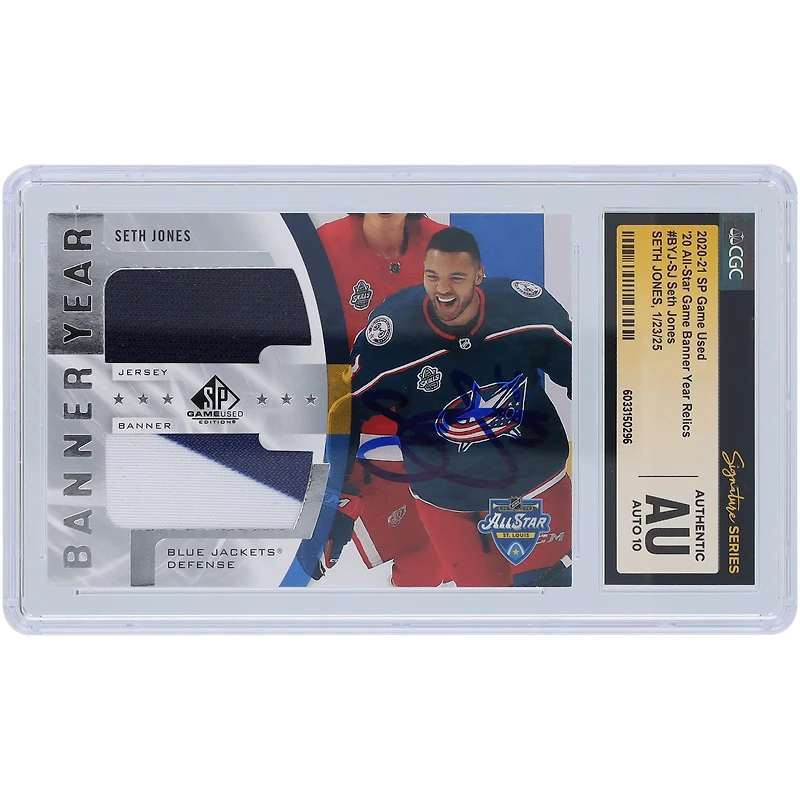 Seth Jones Columbus Blue Jackets Autographed 2020-21 Upper Deck SP Game Used 20 All-Star Game Banner Year Dual 3 Color Relics Navy Blue White #BYJ-SJ CGC Fanatics Witnessed Authenticated Auto 10 Card