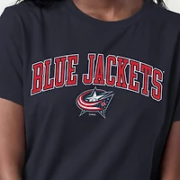 T-shirt Champion pour femmes, bleu marine, avec logo mascotte des Blue Jackets de Columbus.