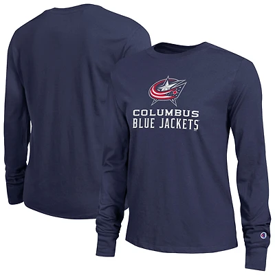 T-shirt à manches longues Champion pour femmes, bleu marine, avec logo Columbus Blue Jackets.