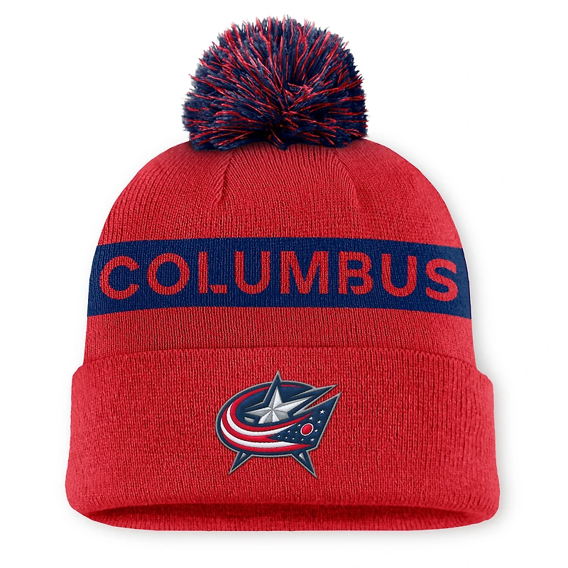 Bonnet en tricot à revers avec pompon authentique Pro Rink Columbus Blue Jackets rouge/bleu marine Fanatics pour femme