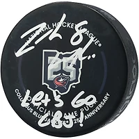 Zach Werenski Columbus Blue Jackets Autographed 25th Anniversary Official Game Puck with "Lets Go CBJ!" Inscription 