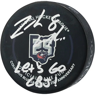 Zach Werenski Columbus Blue Jackets Autographed 25th Anniversary Official Game Puck with "Lets Go CBJ!" Inscription