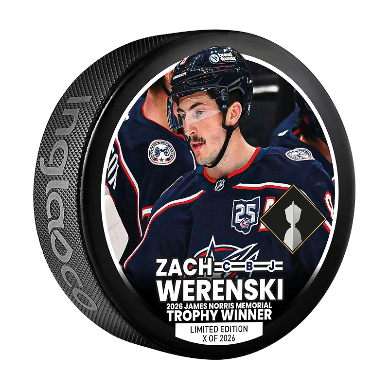 Rondelle de hockey Zach Werenski, vainqueur du trophée Norris 2026, des Blue Jackets de Columbus (Inglasco) - Édition limitée 2026