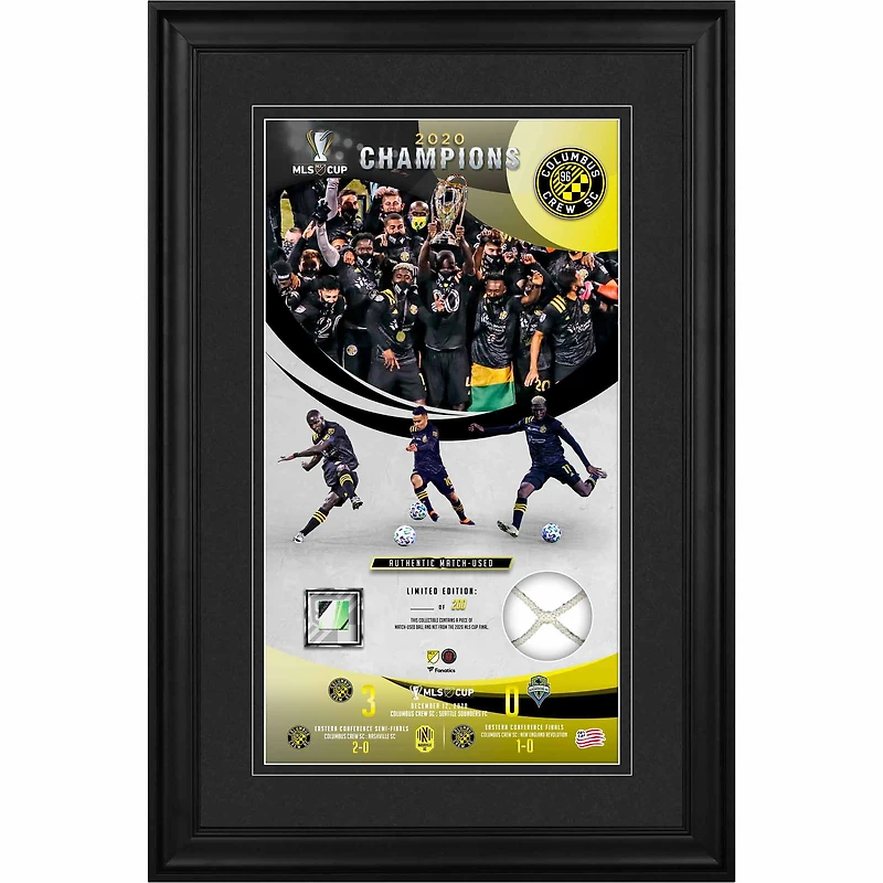 Collage encadré de 10" x 18" des champions de la Coupe MLS 2020 de Columbus Crew avec un morceau de ballon et de filet utilisés lors du match de la Coupe MLS 2020 - Édition limitée à 200