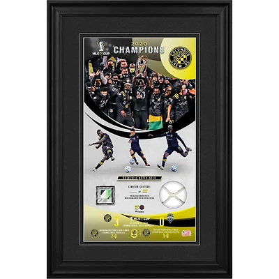 Collage encadré de 10" x 18" des champions de la Coupe MLS 2020 de Columbus Crew avec un morceau de ballon et de filet utilisés lors du match de la Coupe MLS 2020 - Édition limitée à 200