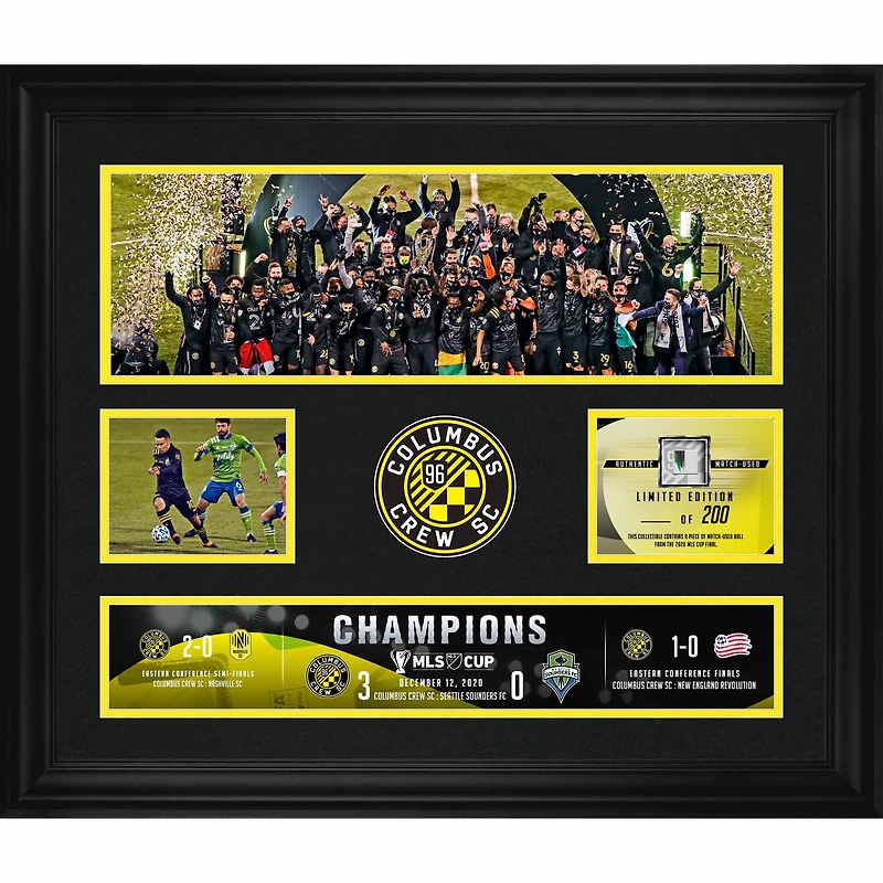 Collage encadré de 20" x 24" des champions de la Coupe MLS 2020 de Columbus Crew avec un morceau de ballon utilisé lors du match de la Coupe MLS 2020 - Édition limitée à 200