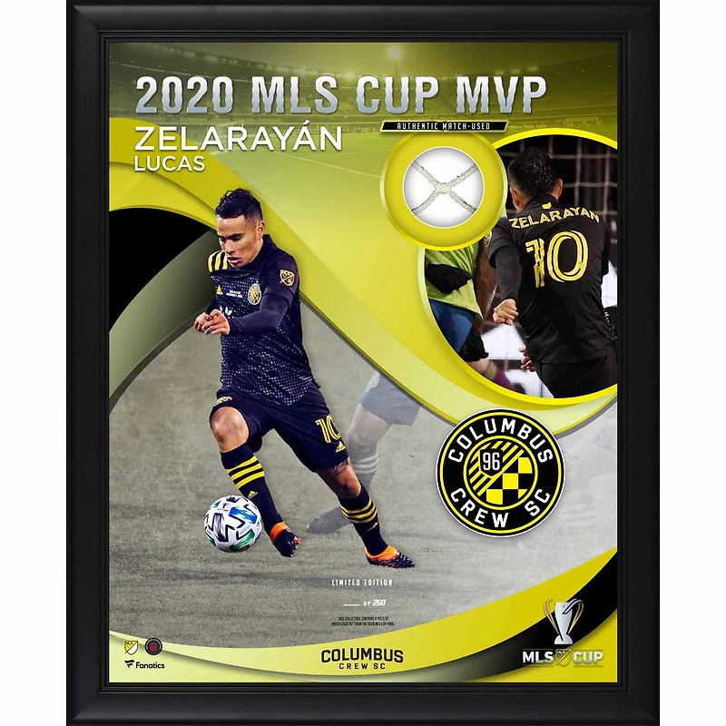 Collage encadré 16" x 20" du MVP de la Coupe MLS 2020 de Lucas Zelarayan Columbus Crew avec un morceau de filet utilisé lors du match de la Coupe MLS 2020 - Édition limitée à 250 exemplaires