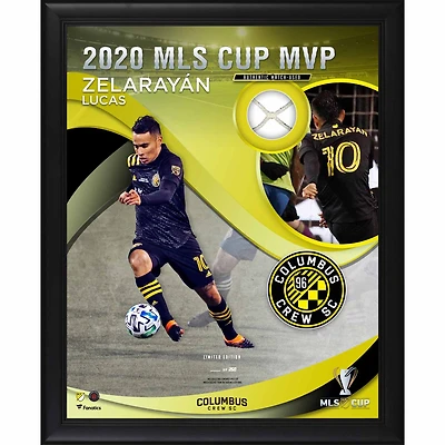 Collage encadré 16" x 20" du MVP de la Coupe MLS 2020 de Lucas Zelarayan Columbus Crew avec un morceau de filet utilisé lors du match de la Coupe MLS 2020 - Édition limitée à 250 exemplaires