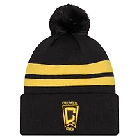 Bonnet New Era Columbus Crew 2026 noir pour homme, en maille jersey avec pompon et revers à crochet